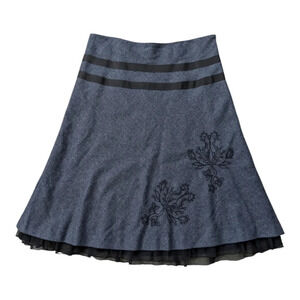 Cassis Wool Blend A-Line Full Skirt Fringe Embroidery  Gray Black 6